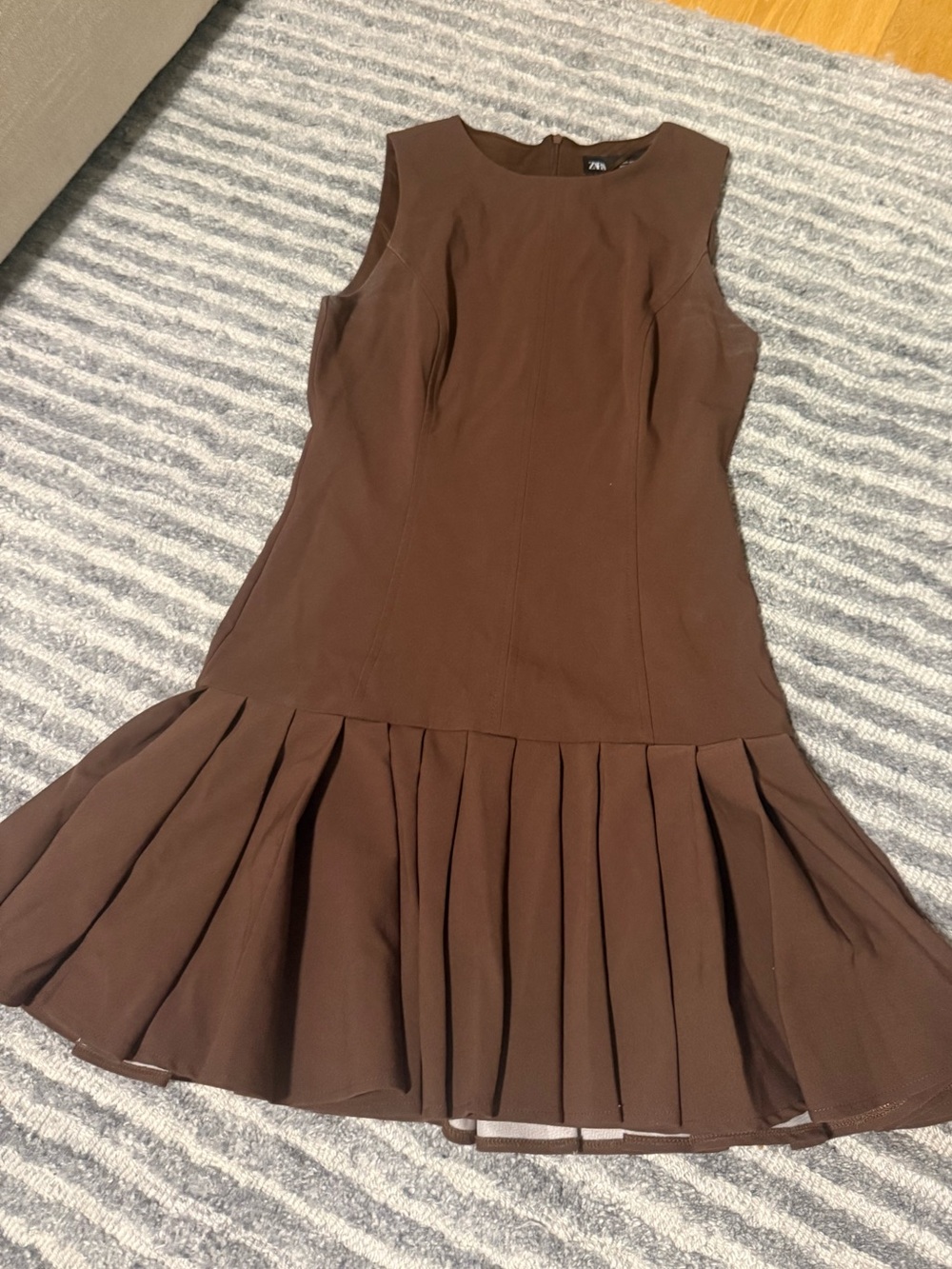 Zara Chocolate Brown Sleeveless Pleated-Hem Mini Dress